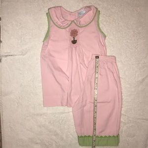 Pink and green gingham outfit with smocking detail